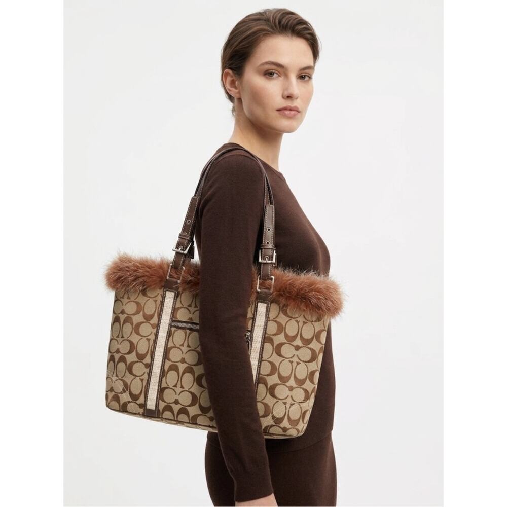 Coach 2004 Signature Jacquard Genuine Fur Trim Tote Bag Y2K
